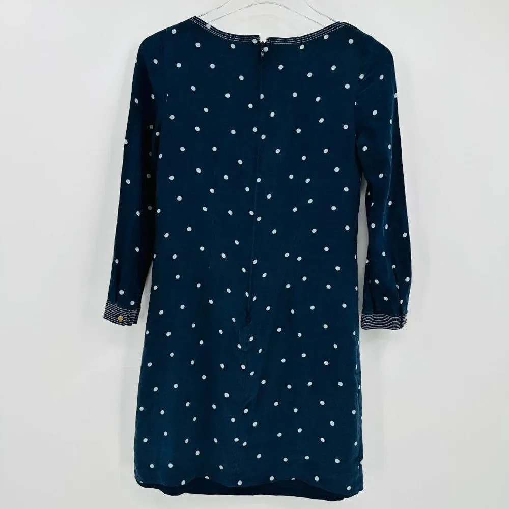 J. Crew Size 00 Navy Blue & White Polka Dot 100% Silk 3/4 Sleeve Shift Dress